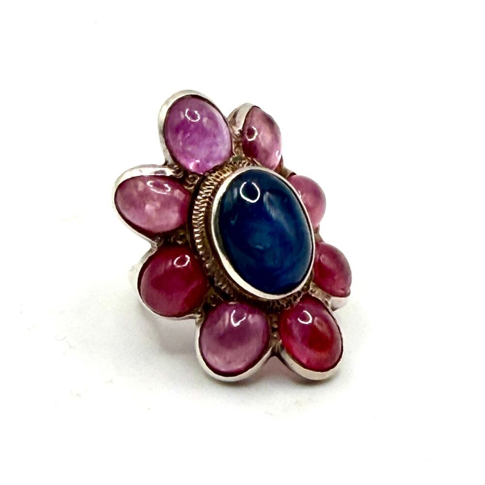 Sterling Silver Ruby Sapphire Cabochon Flower Cluster Cocktail Ring